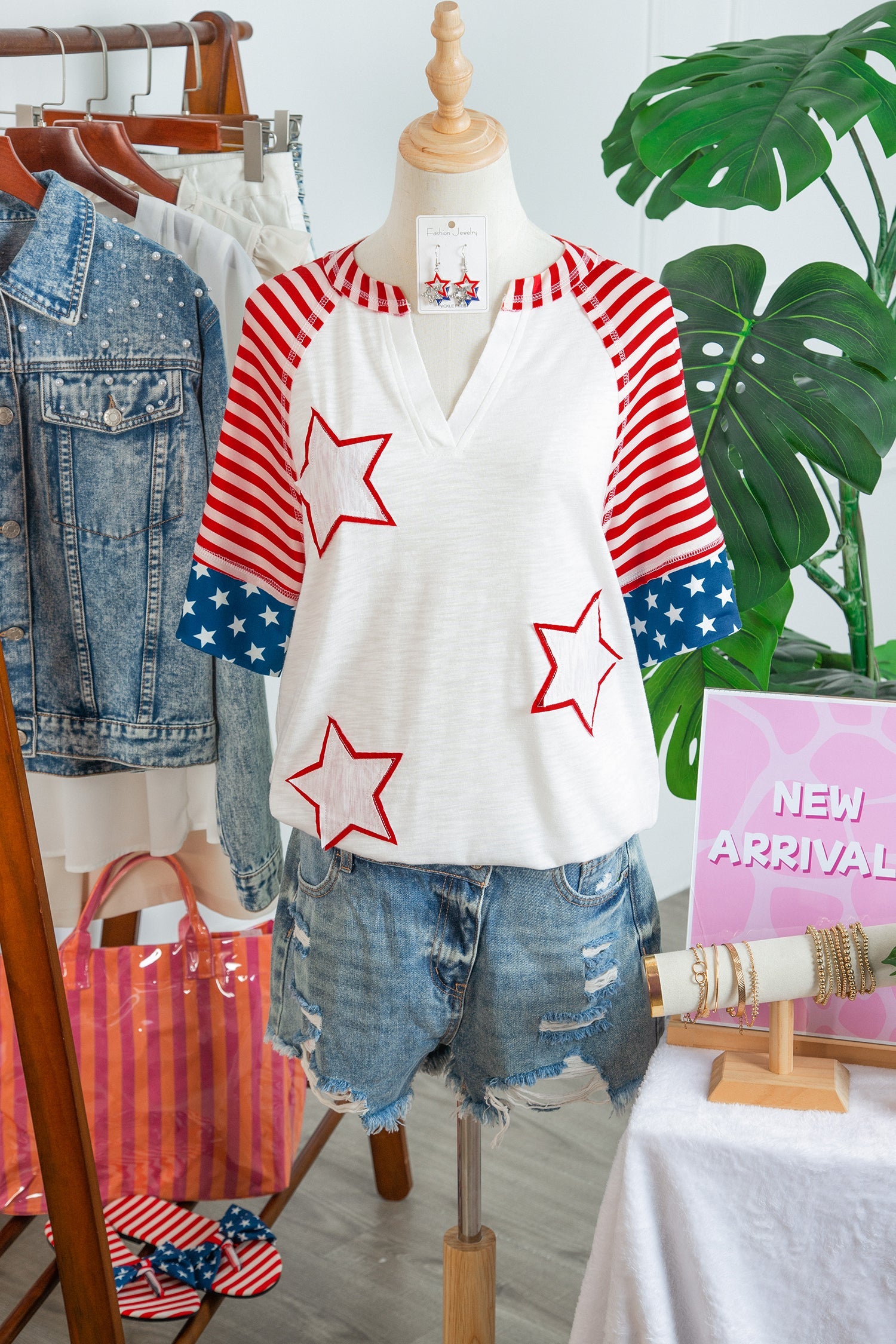 Fiery Red Star Detail Flag Inspired Short Sleeve Top