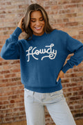 Dusk Blue Howdy Embroidered Graphic Western Sweater