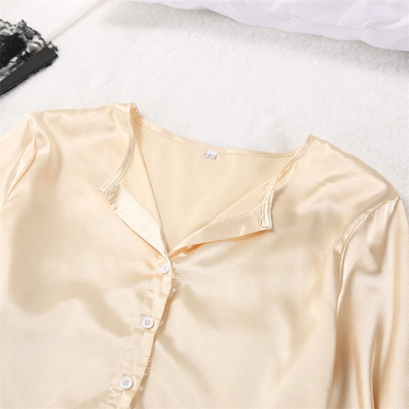 Solid Color Imitation Silk Long Sleeve Crop Top and Shorts Set - Sleepwear