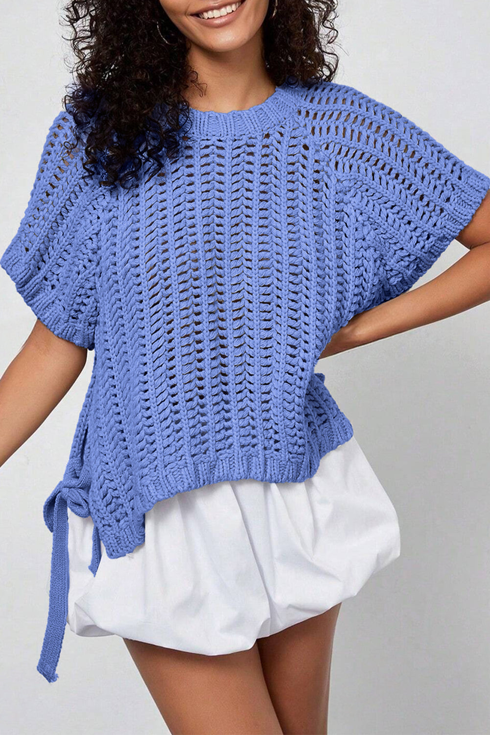Plus Size Open Knit Bow Tie Short Sleeve Sweater