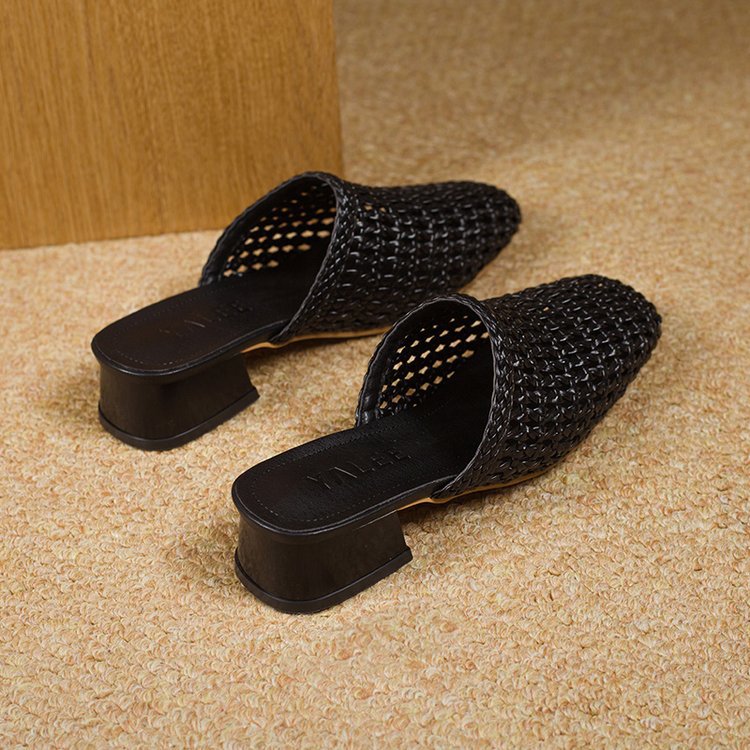 Women's Woven Square Toe Sandals - Casual Summer Flats with Synthetic Leather Upper