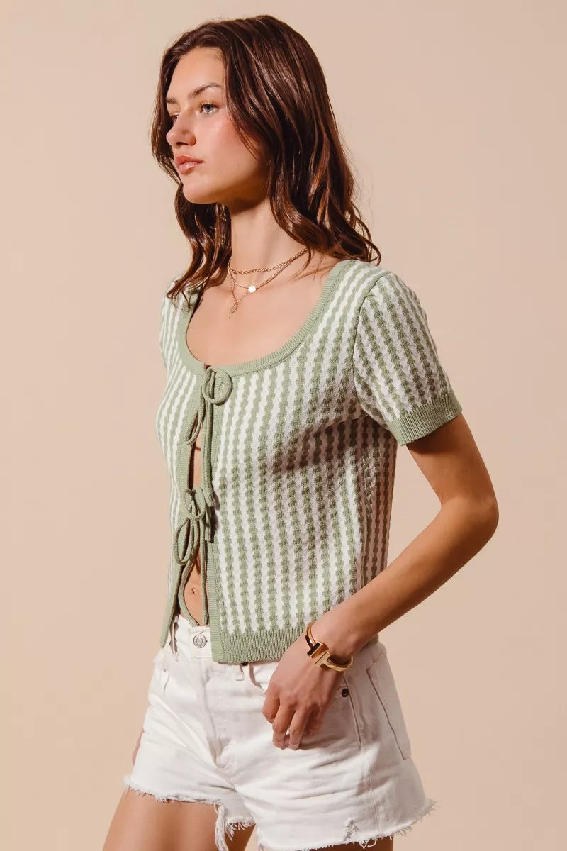 Tie Front Textured Vertical Stripe Knit Cardigan