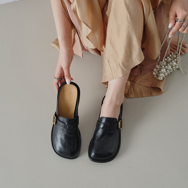 Women's Full Grain Leather Buckle Mules | Retro Low Block Heel Backless Shoes