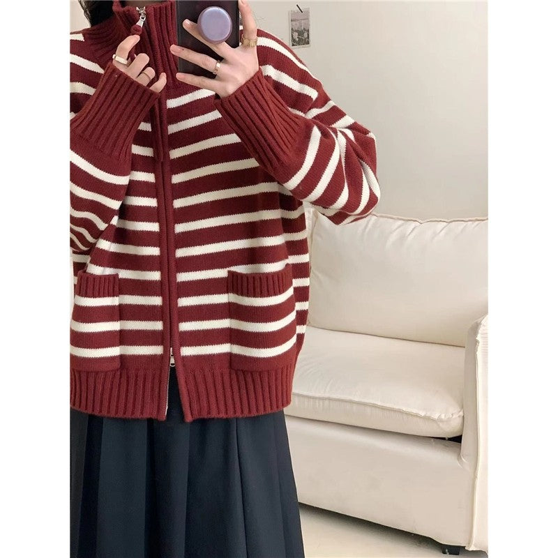 Long Sleeve Lapel Zipper Striped Casual Loose Knitted Cardigan Sweater