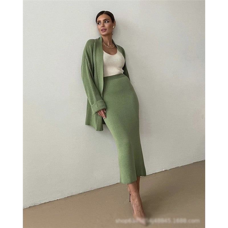 Two-Piece Solid Color Long Sleeve Sweater Cardigan and Skirt Set