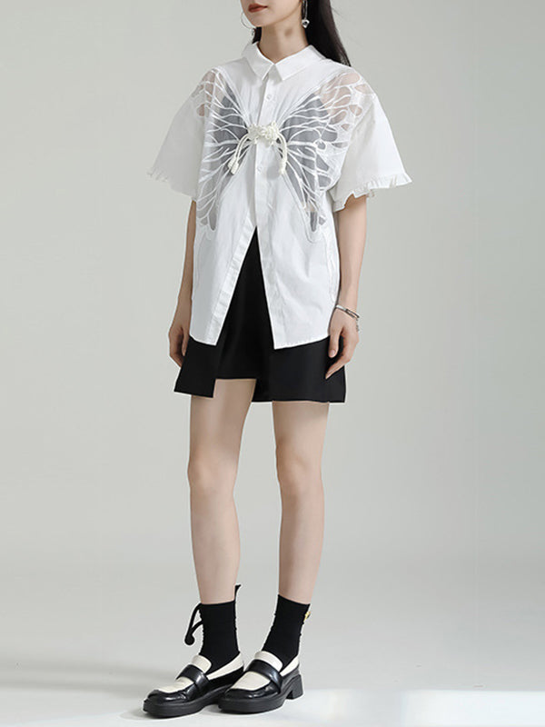 Half Sleeves Loose Buttoned Mesh Reversible See-Through Split-Back Split-Joint Lapel Blouses&Shirts Tops
