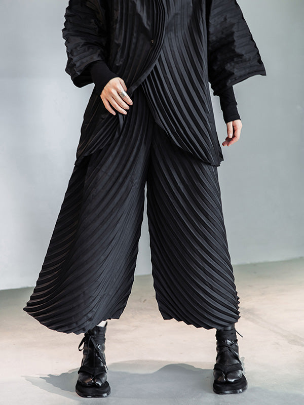 Urban Solid Color Pleated Outerwear&Pants Two Pieces Set
