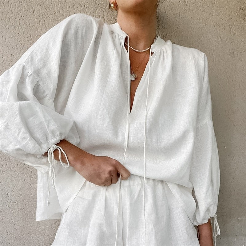 Relaxed Fit V-Neck Lantern Sleeve Solid Color Shorts Set