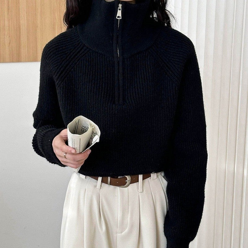 Solid Color Half-Zip Oversized Batwing Sleeve Sweater