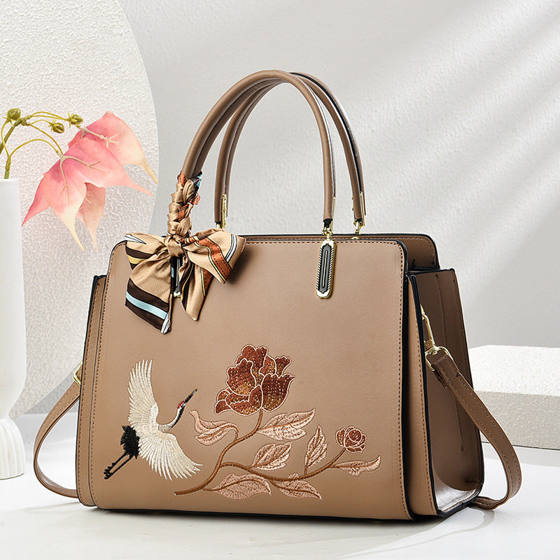 Chinese Embroidered Crane Crossbody Tote Bag for Women - Fashion Handbag with Multiple Compartments