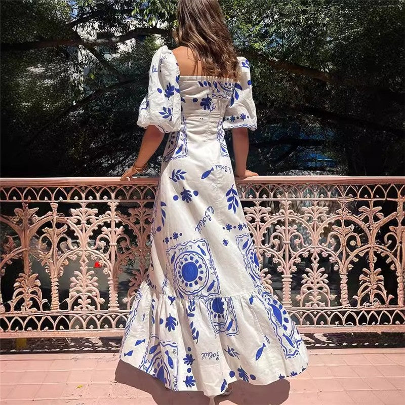 Flowy Printed Lantern Sleeve Swing Dress