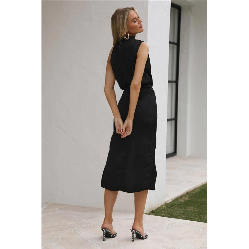 Solid Color Sleeveless High Waisted Slit Satin Maxi Dress