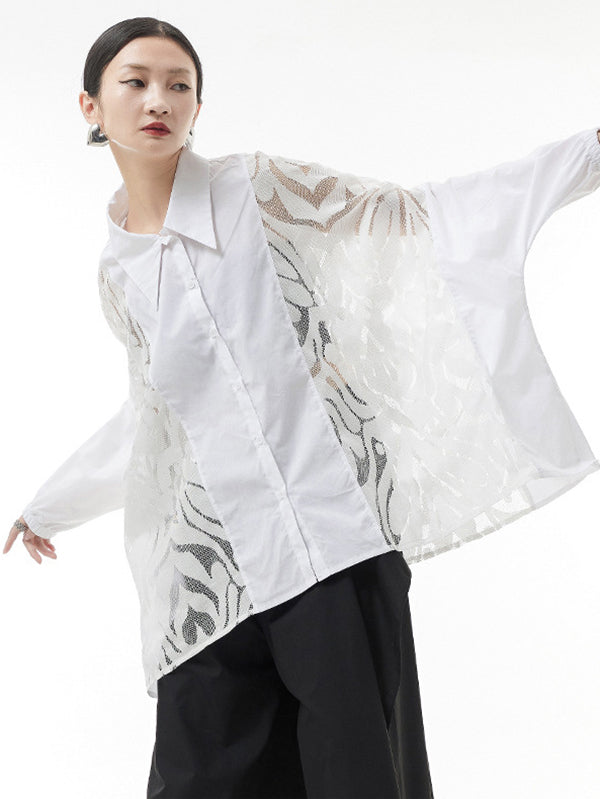 Urban See-Through Lace Split-Joint Lapel Blouse