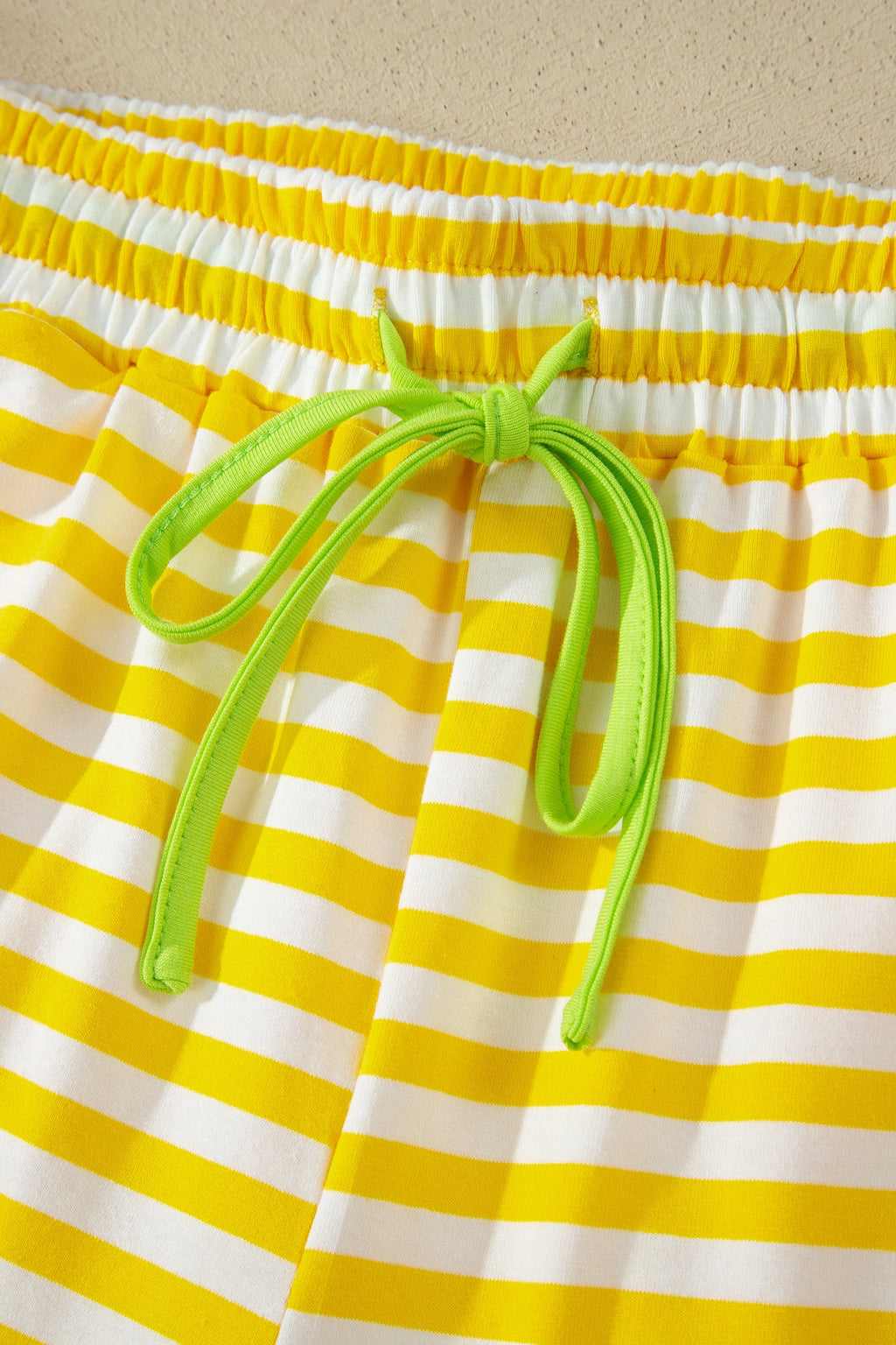 Yellow Stripe Contrast Neck Loose Tee and Drawstring Shorts Set