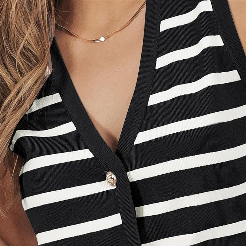 Chic Striped Sleeveless Button-Up Cardigan