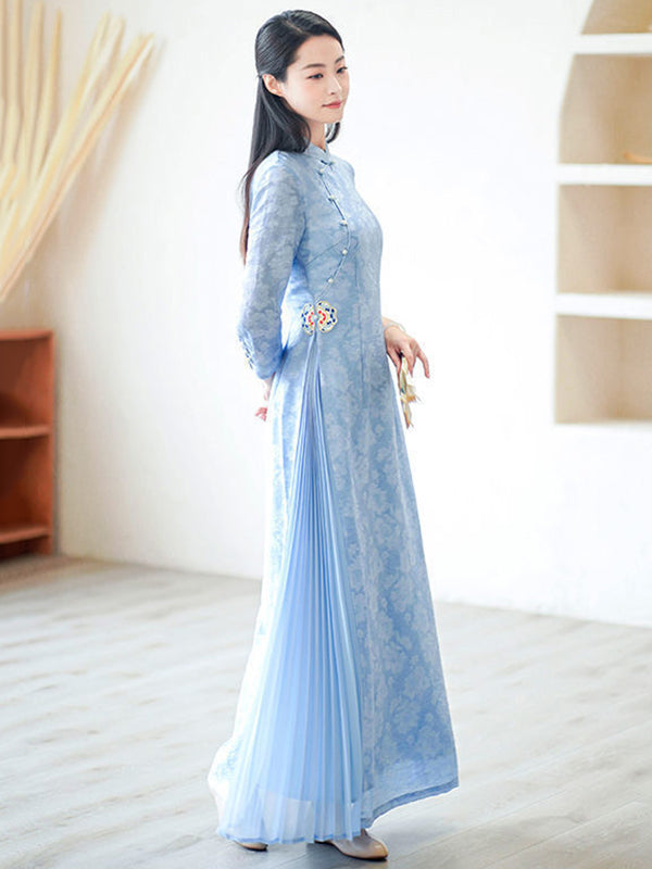 Fashion Vintage Light Blue Jacquard Long Cheongsams