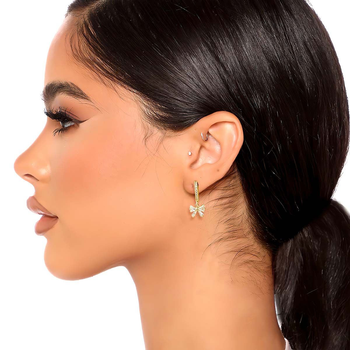 Huggie Hoop Earrings Set with CZ Pave Bow Ear Cuffs – Trendy Chic Jewelry