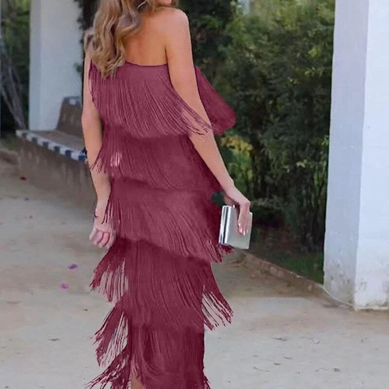 Fringe-Trimmed Asymmetric One-Shoulder Dress