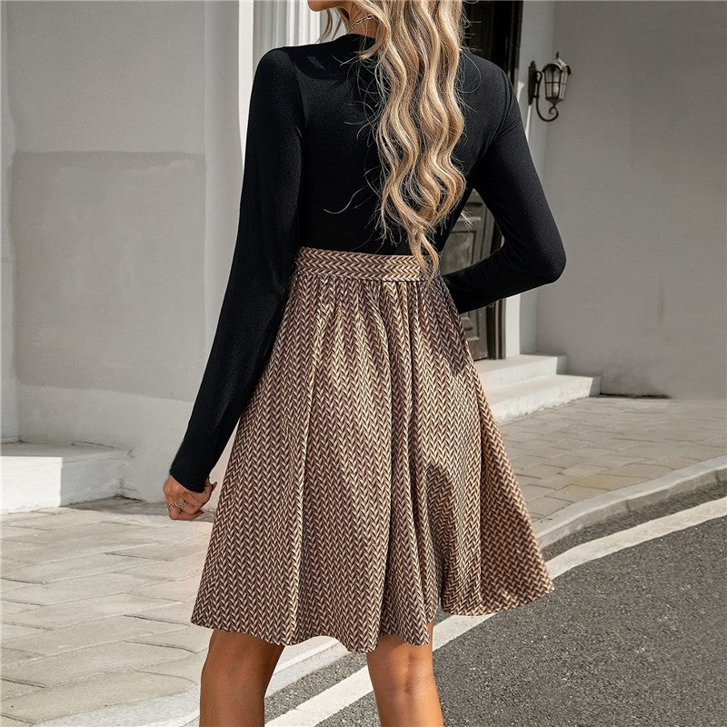 Long Sleeve Crewneck Waist Tied Patchwork A-Line Dress