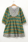 Green Plus Size Mixed Floral Print Striped Trim Loose Mini Dress