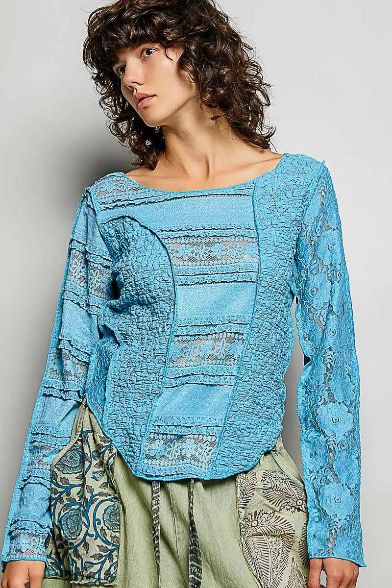 Round Neck Long Sleeve Exposed Seam Top with Lace Detail