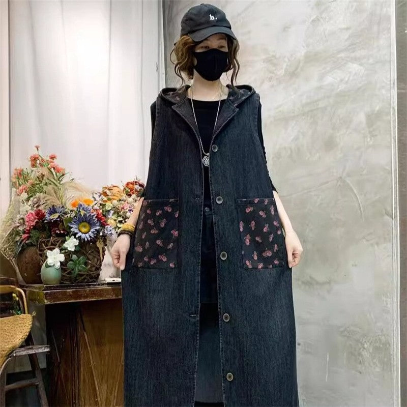 Loose Hooded Long Denim Vest With Printed Patterns