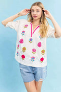 Embroidered Floral Top with Contrast Trim