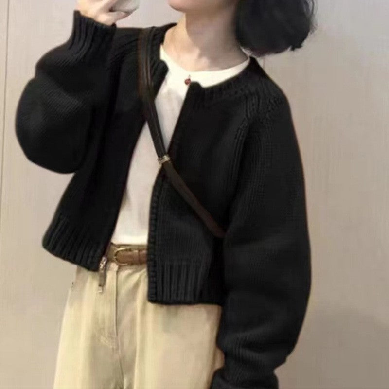Solid Color Long Sleeve Crewneck Zipper Knitted Cardigan Sweater
