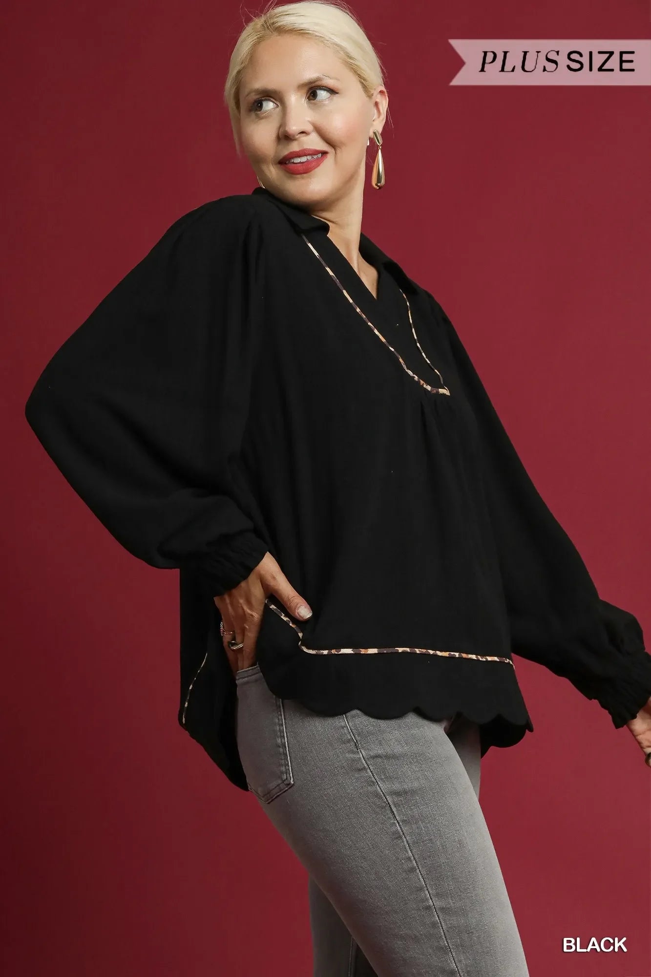 Full Size Linen Scallop Hem Blouse with Contrast Trim Plus Size