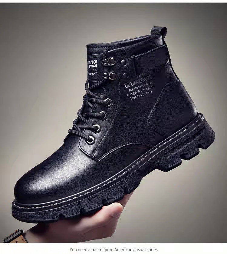 Men's Korean Style Mid-to-High Top Lace-Up Boots | Height Boosting & Warm