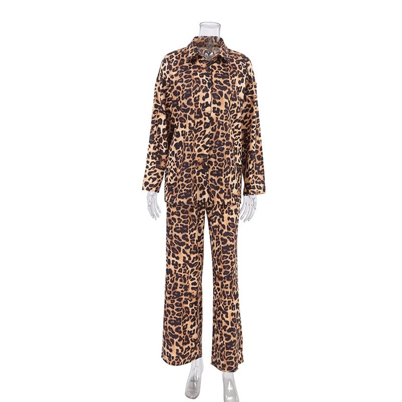 Leopard Print Long Sleeve Top and Trousers Ensemble