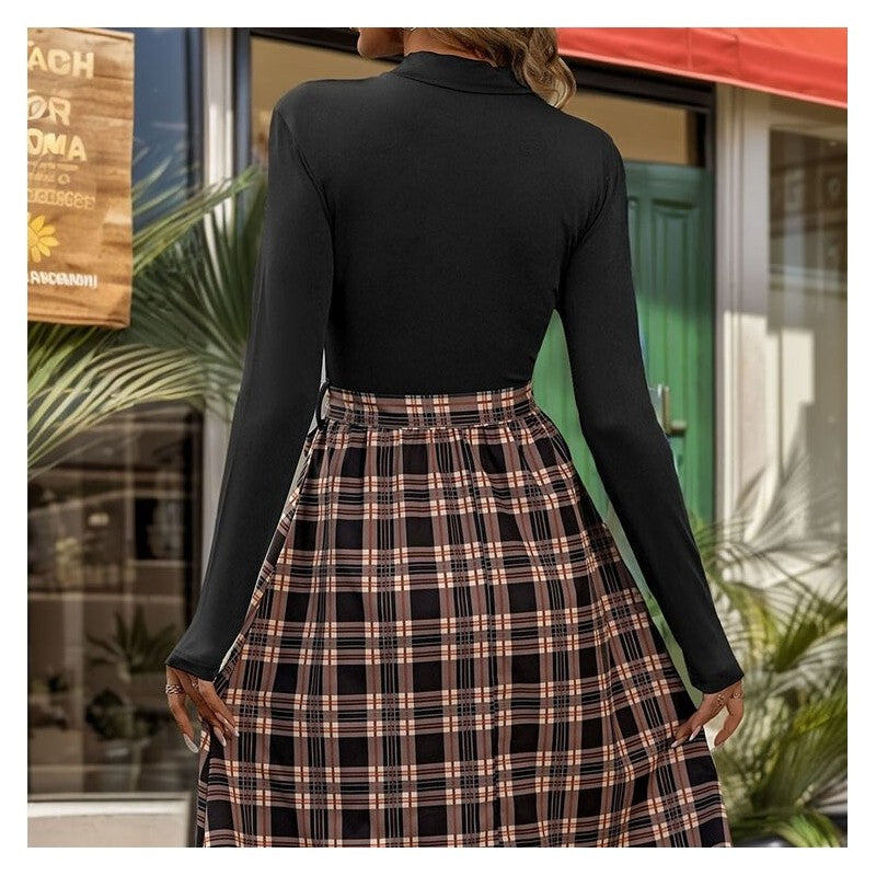 Plaid A-Line Dress with Chic Stand Collar