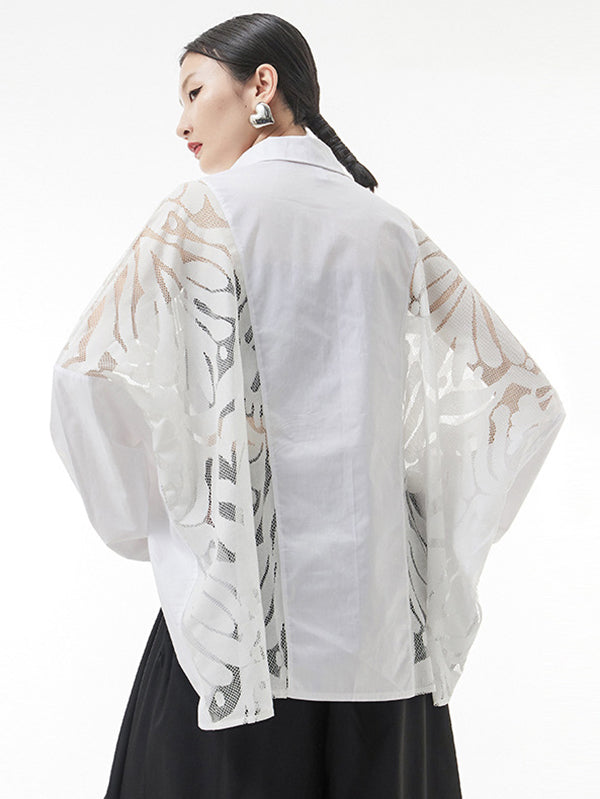 Urban See-Through Lace Split-Joint Lapel Blouse