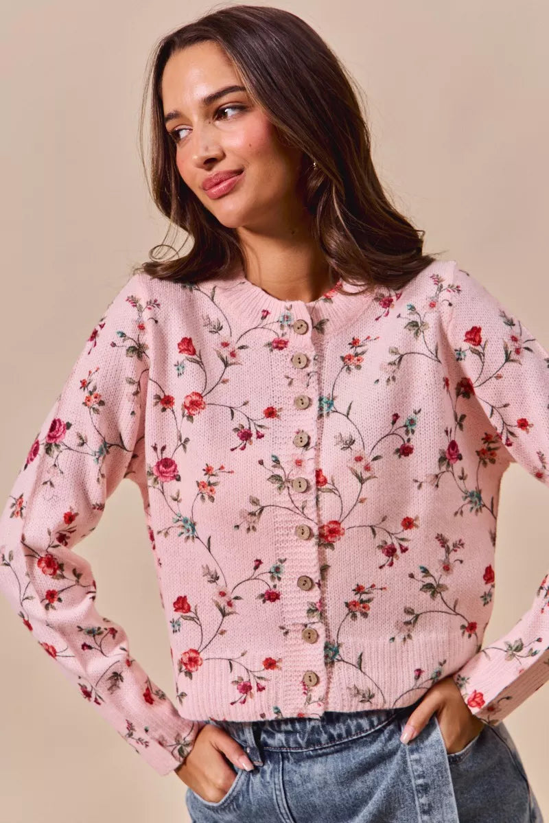 Floral Print Button Front Sweater Cardigan Top