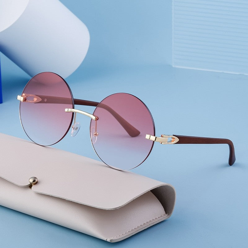Ladies' Rimless Round Wood Grain Cut Edged Sunglasses