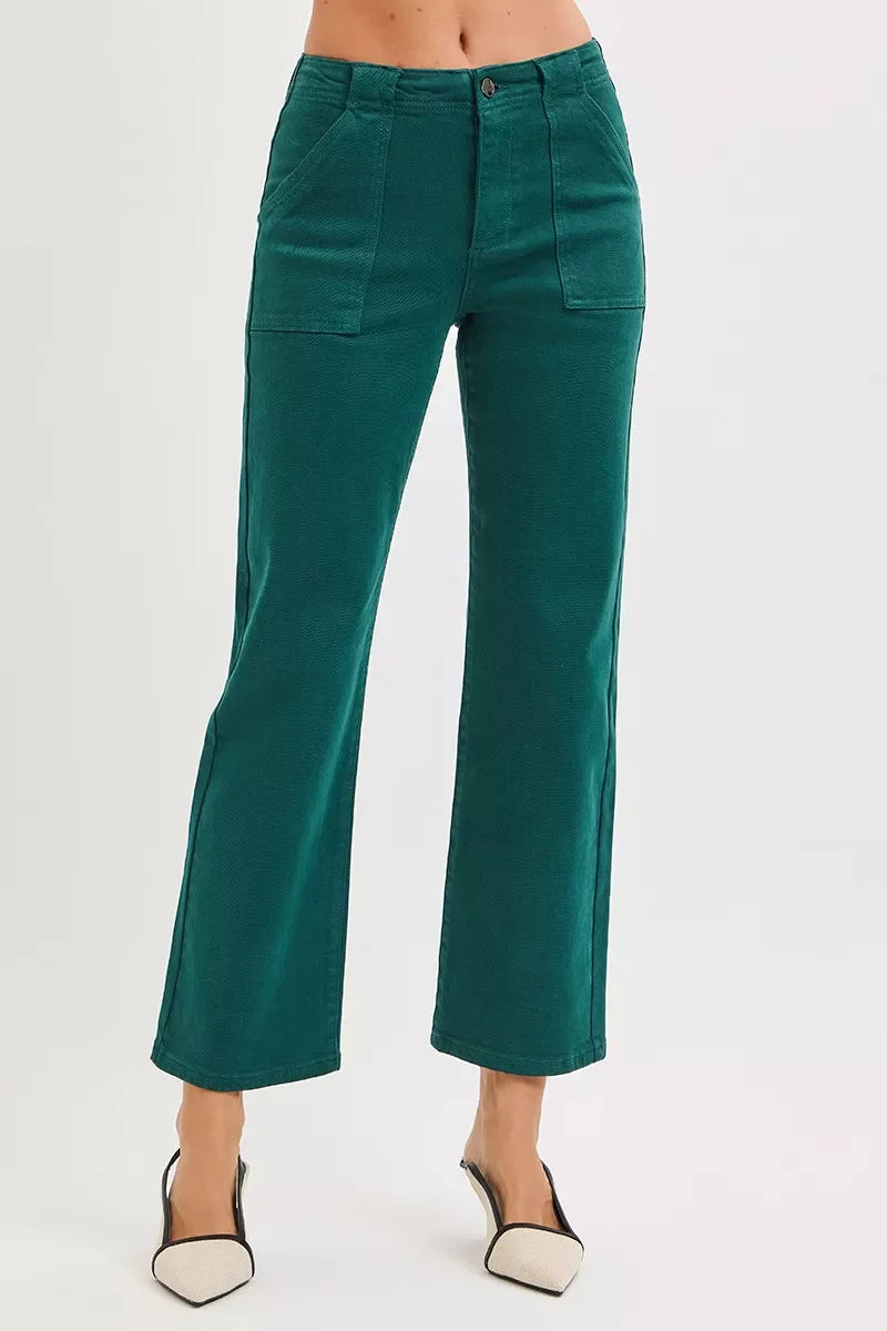 High Rise Ankle Flare Patch Pocket Jeans