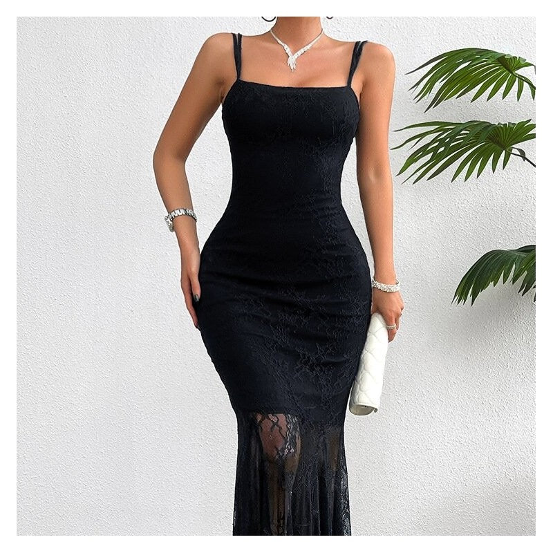 Stylish Lace Sling Dress in Solid Color