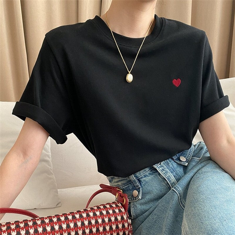 Embroidered Love Heart Casual Short Sleeve T-Shirt