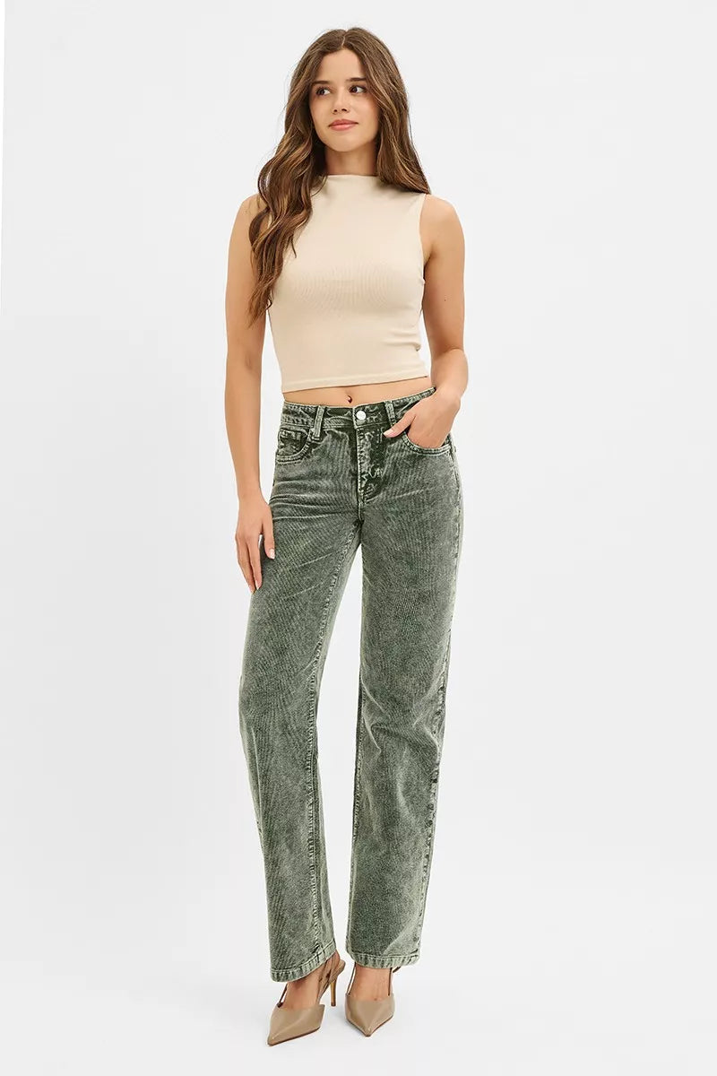 Tummy Control Mid Rise Straight Leg Corduroy Pants