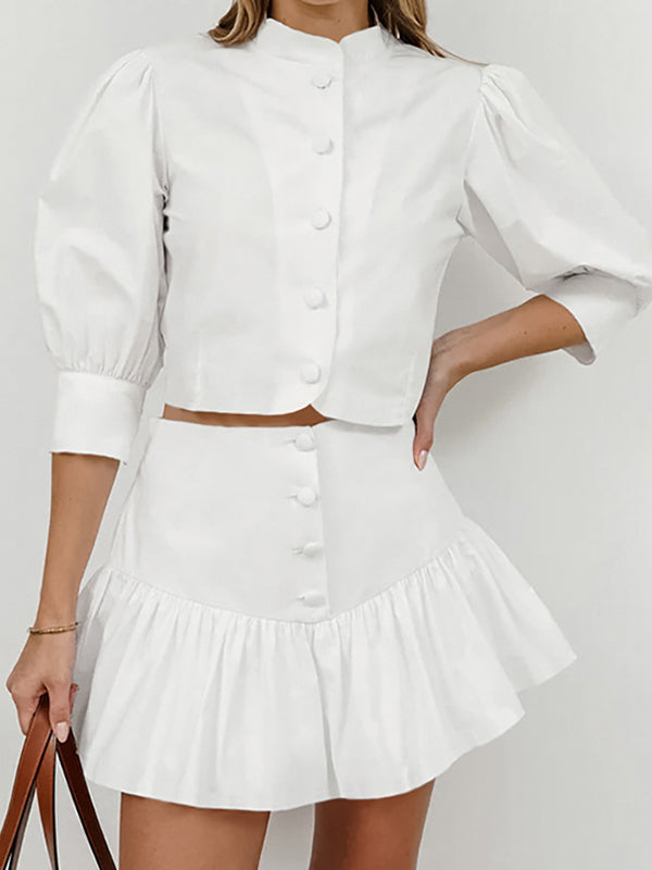 Half Sleeves Loose Buttoned Pleated Solid Color Split-Joint Stand Collar Blouses Top +  Skirts Bottom Two Pieces Set