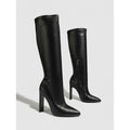 Pointed Toe Satin Mid-Calf Knight Boots with Side Zipper | Chunky Heel | Black & Brown