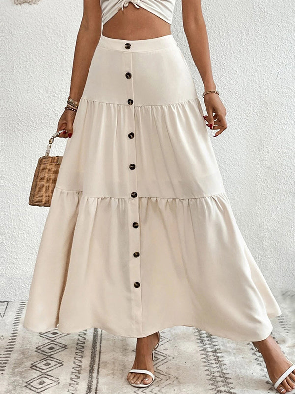 Loose Buttoned Pleated Split-Joint Skirts Bottoms