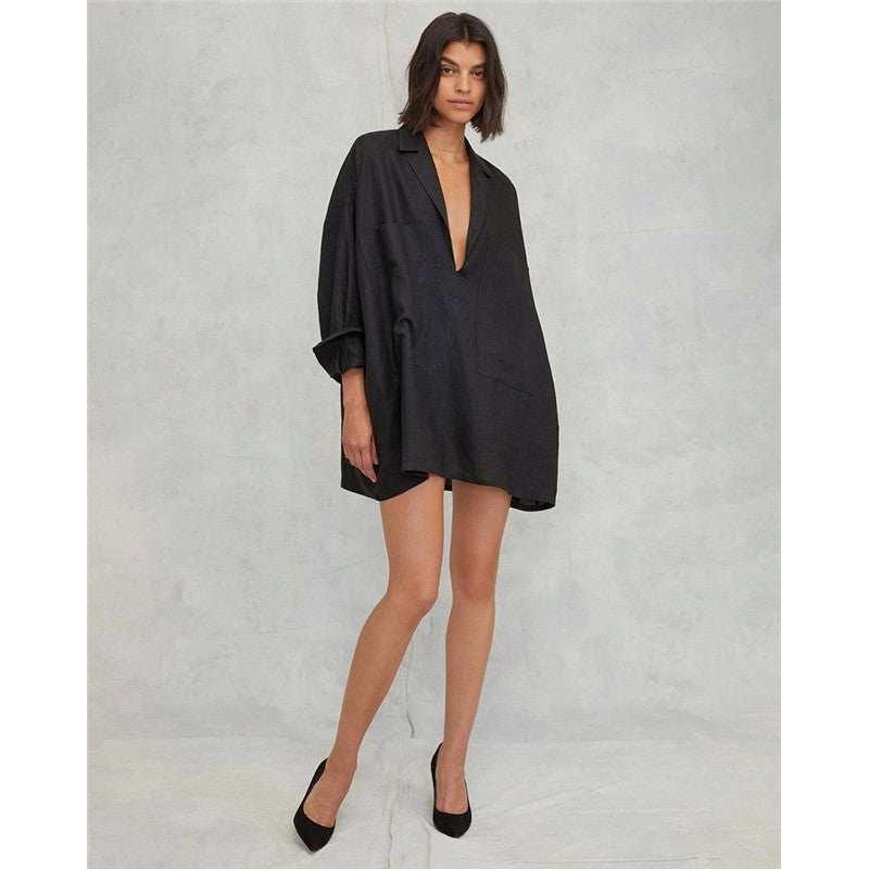 Deep V-Neck Loose Fit Mini Pajama Dress - Solid Color Loungewear