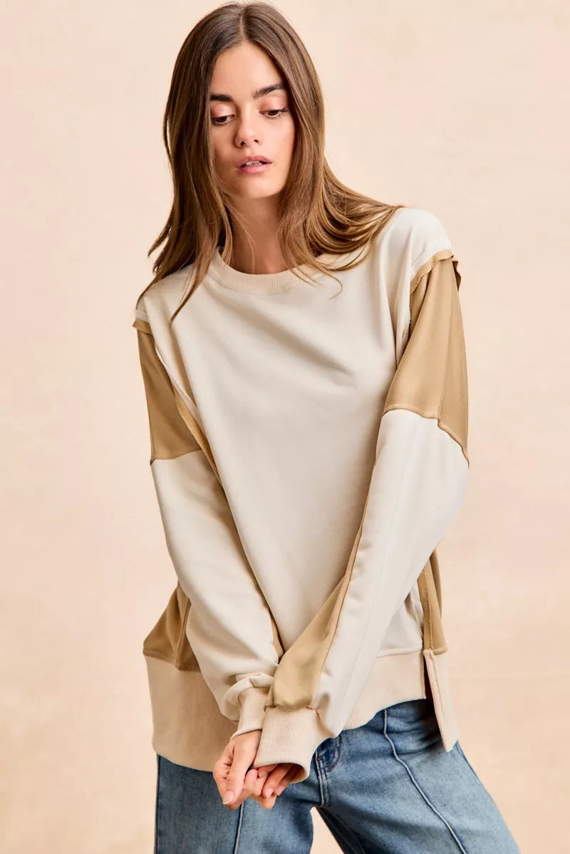 French Terry Color Block Top With Open Seam Detail