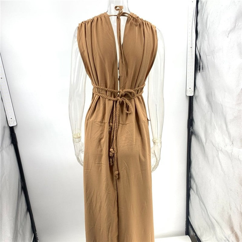 Sleeveless Hollow Out Braided Belt Maxi Dress with Slit