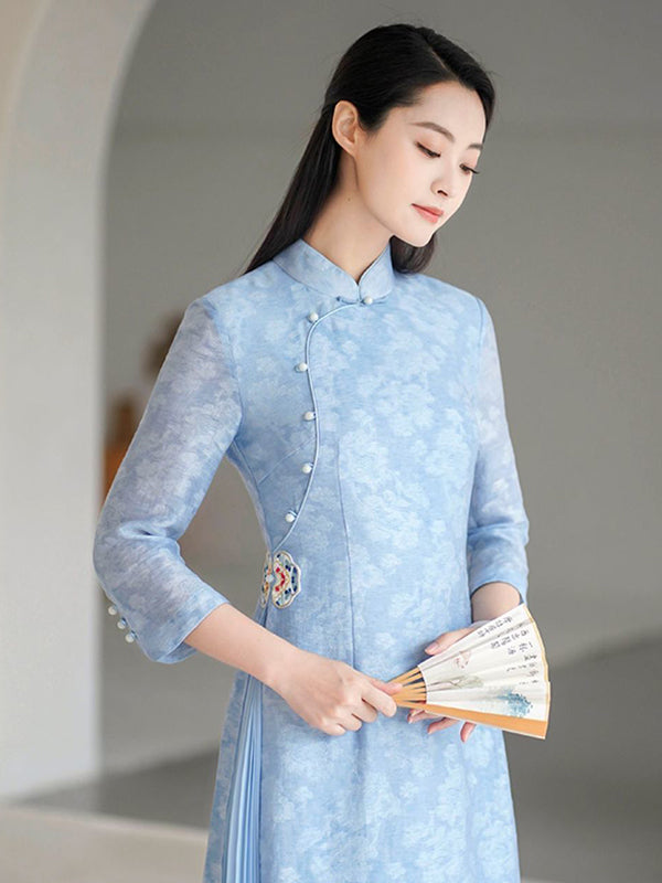 Fashion Vintage Light Blue Jacquard Long Cheongsams