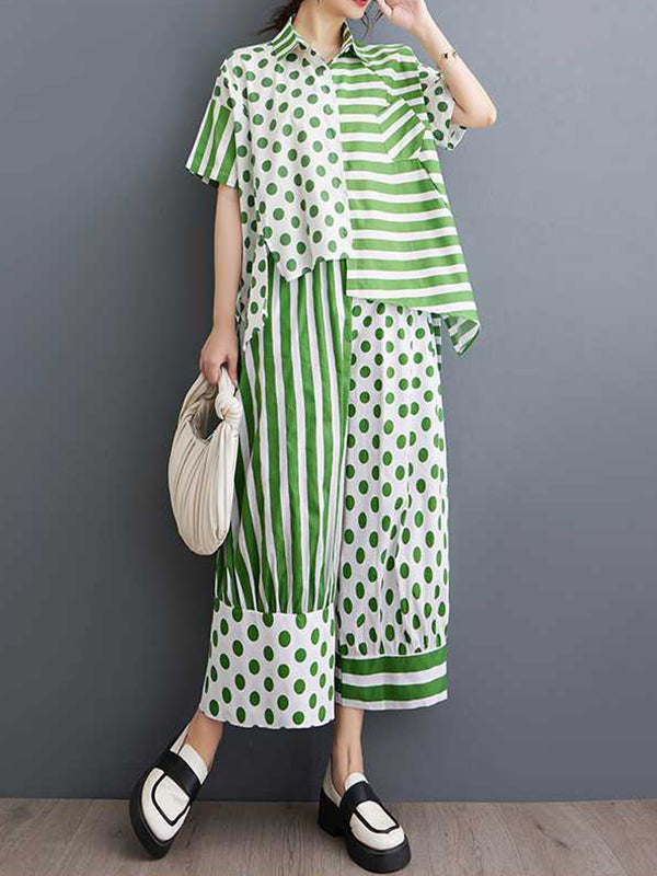 Half Sleeves High-Low Asymmetric Contrast Color Polka-Dot Split-Side Striped Lapel Blouses Top + Pants Bottom Two Pieces Set