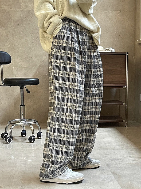 Vintage Wide Leg High-Waisted Pleated Plaid Pants