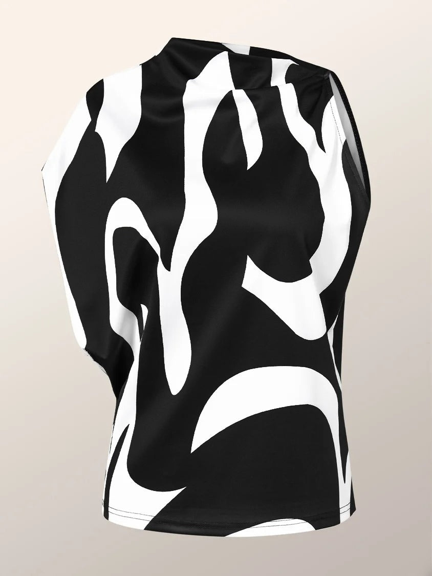 Flowy Sleeveless One Shoulder Top with Asymmetrical Contrast Color Print