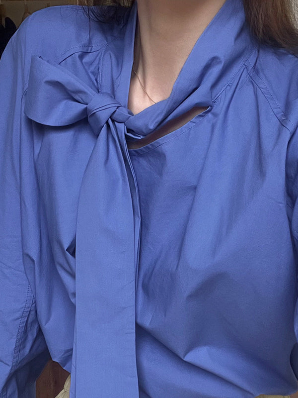 Long Sleeves Loose Solid Color Split-Joint Streamer High Neck Blouses